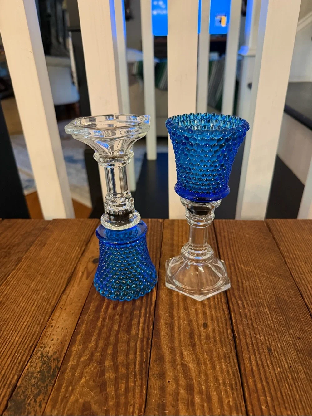Pair of vintage HOMCO Blue Hobnail Glass Candle Holders with Clear Base